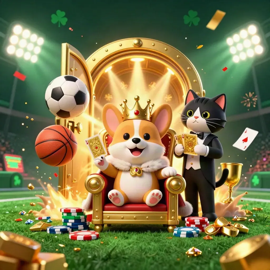 Corgi royal et chat majordome, ballons, coffre d’or et éclats sur fond casino émeraude.
