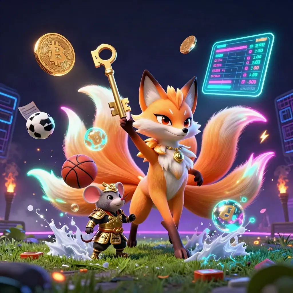 Renard spirituel à neuf queues, souris samouraï et ballons néon avec cryptos sur fond casino sombre.
