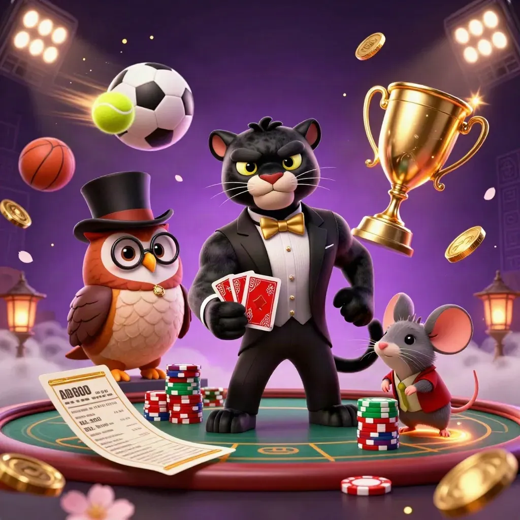 Panthère, hibou et souris autour de cartes, ballons de sport et pièces d’or, style casino luxe.