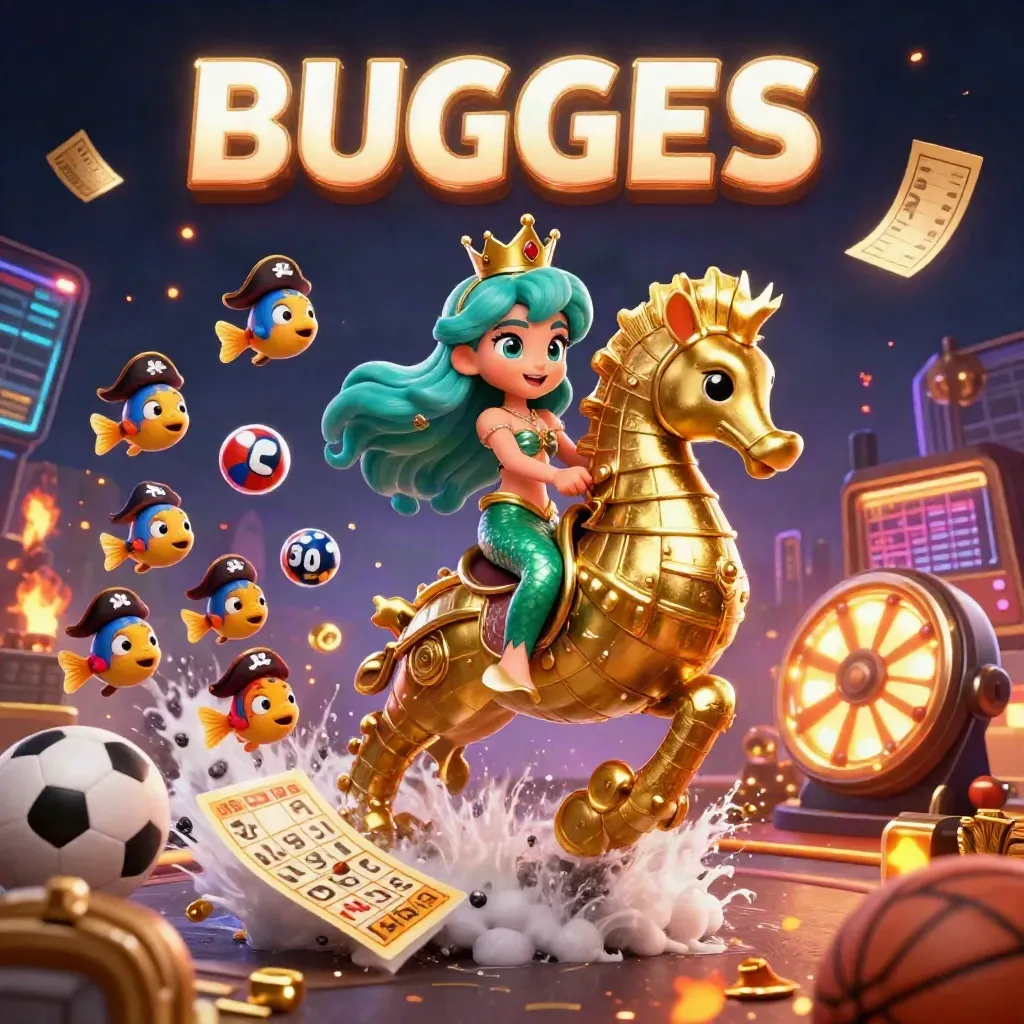 Sirène princesse sur hippocampe doré, poissons pirates, jetons et roue de casino dans un ciel néon.