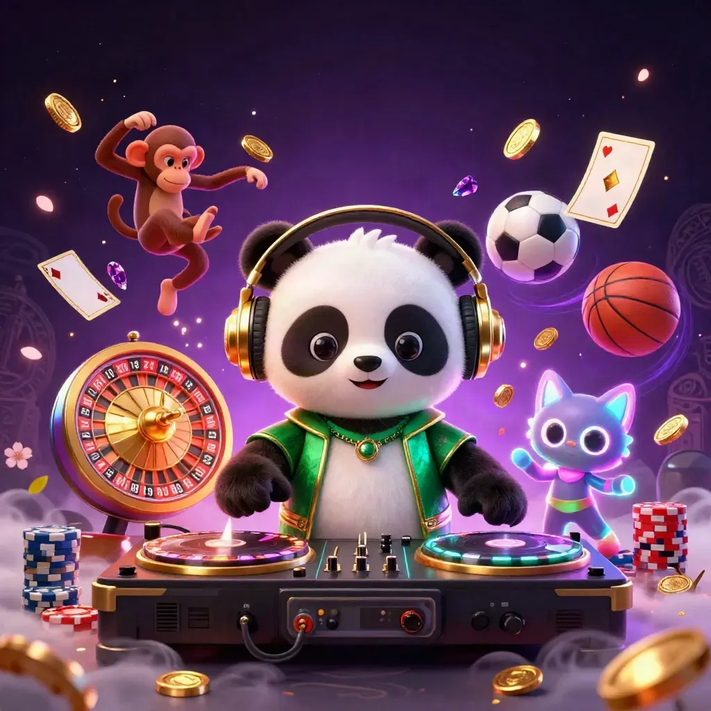 Panda DJ, singe et chat en fête, avec pièces d’or, cartes, ballon et néon violet.
