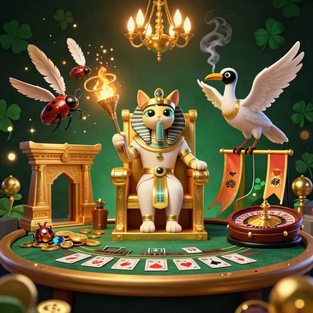 Chat pharaon doré sur trône, scribe ibis et scarabées, casino émeraude, roue en spin.