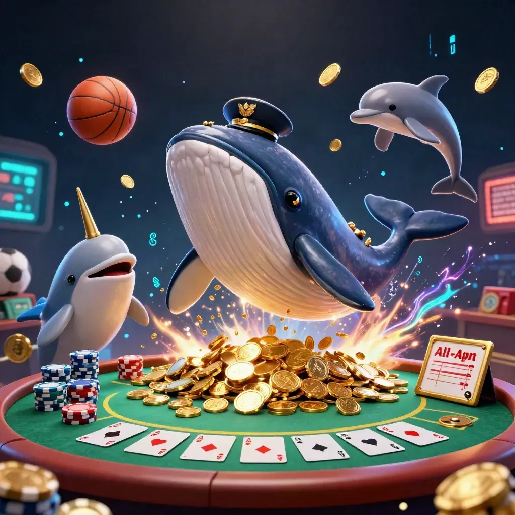 Baleine capitaine, narval et dauphins au milieu de pièces, jetons et cartes, ambiance casino néon.