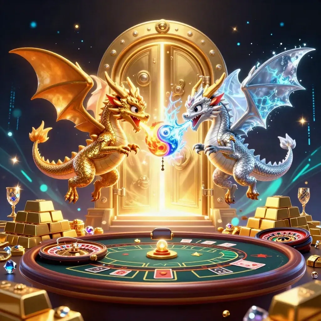 Deux dragons or et argent s'entrelacent devant un coffre d'or, ambiance casino luxe et sombre.