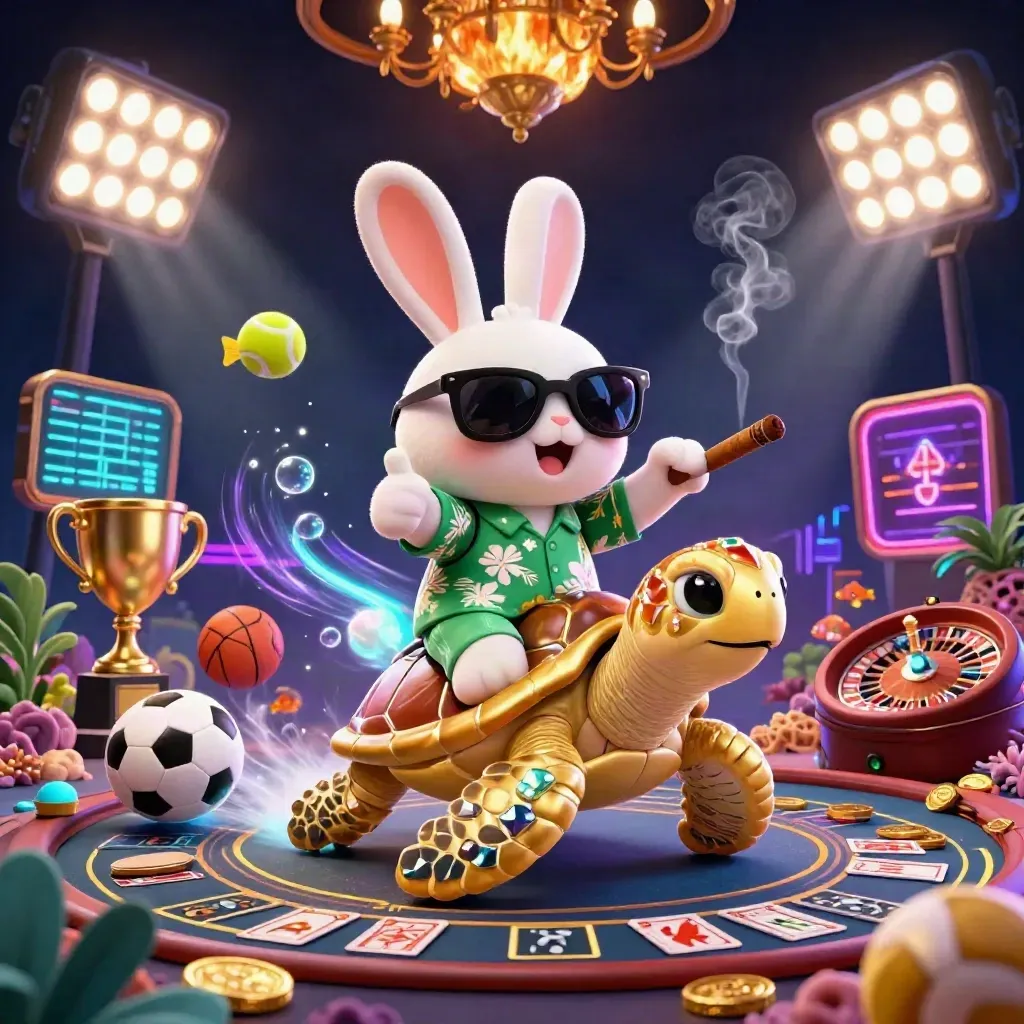 Lapin 3D en lunettes sur tortue dorée, balles, trophée et lumière casino néon.