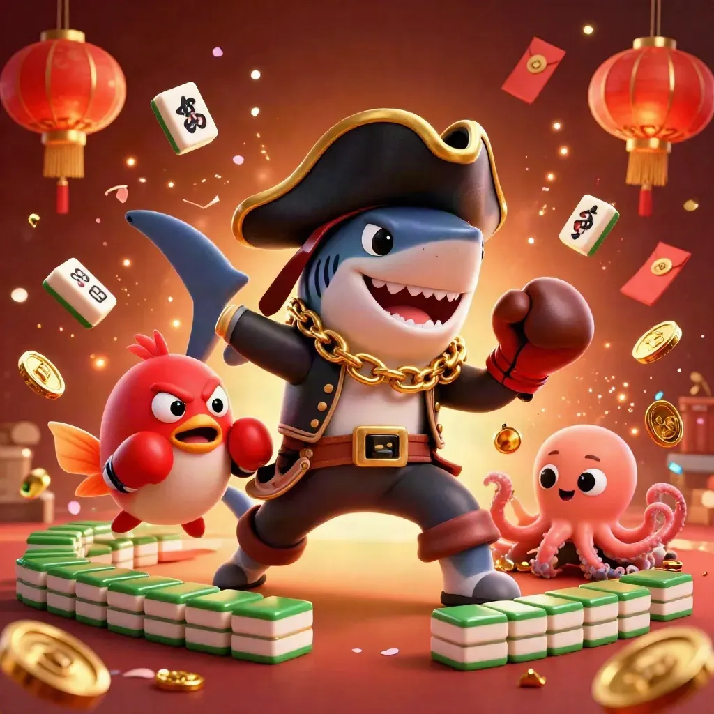 Shark pirate, poisson-globe boxeur et bébé pieuvre entourés de pièces et lanternes dorées.