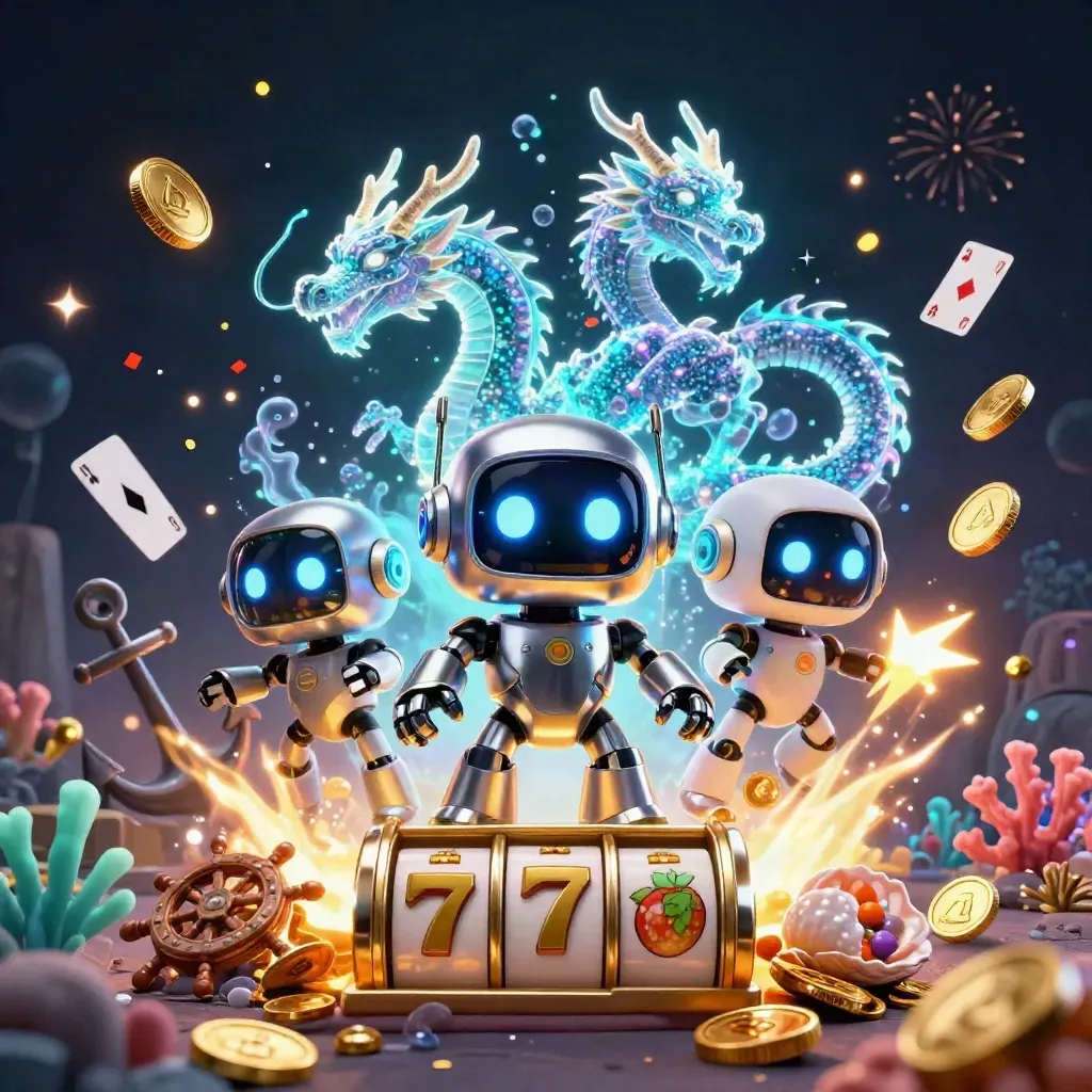 Robot cyberpunk, dragon holographique et drone, trésor marin et éclats de cyan.