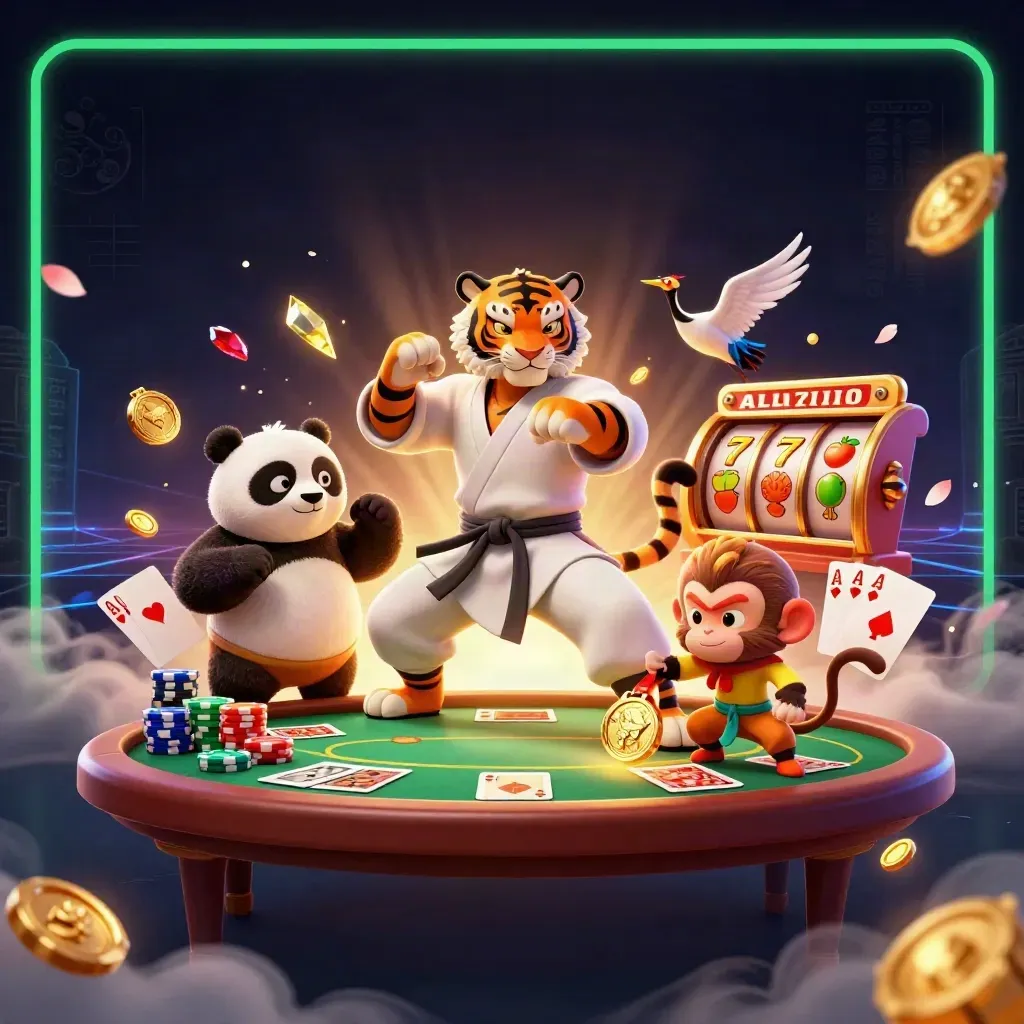 Tigre kung-fu, panda et singe autour d’une table de poker, cartes et jetons, éclats d’émeraude.