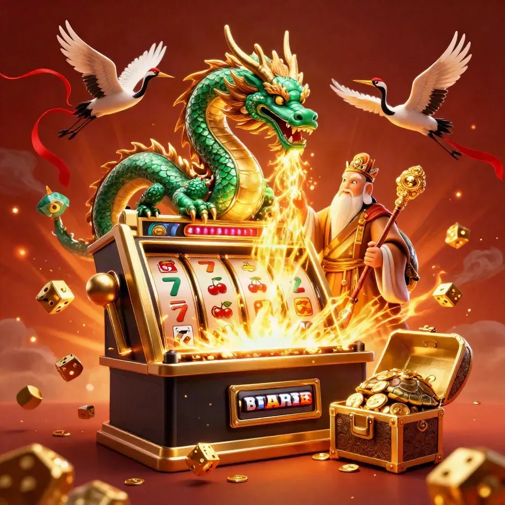 Dragon jade, tortue sage et grues autour d’un jackpot explosif sur fond rouge incandescent.