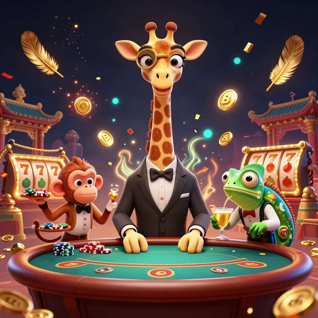 Girafe de casino, singe valet et caméléon mixologue dans un temple saphir, or et éclats néon.