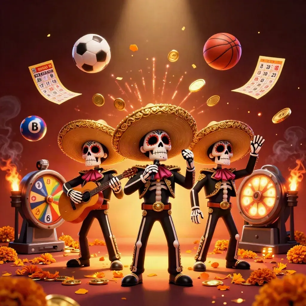 Trio de squelettes mariachis en fête, pièces d’or, roue de loterie et ambiance casino flamboyante.