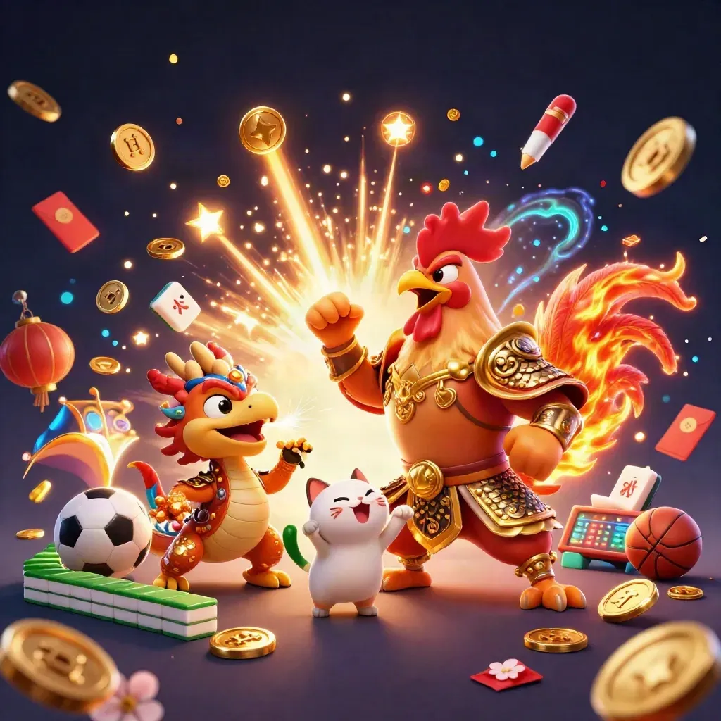 Rooster guerrier, dragon, chat porte-bonheur, pièces d’or et feux d’artifice.