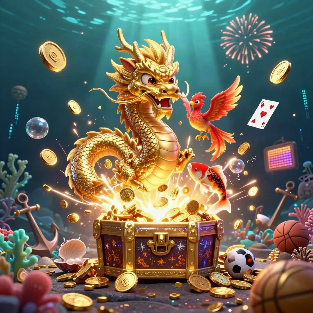 Dragon d’or, phénix, carpe porte-bonheur et pluie de pièces dans une caverne sous-marine luxueuse.