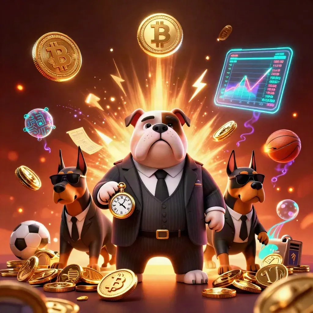 Bouledogue mafieux et deux dobermans, pièces d’or et effets néon dans une ambiance casino luxe.