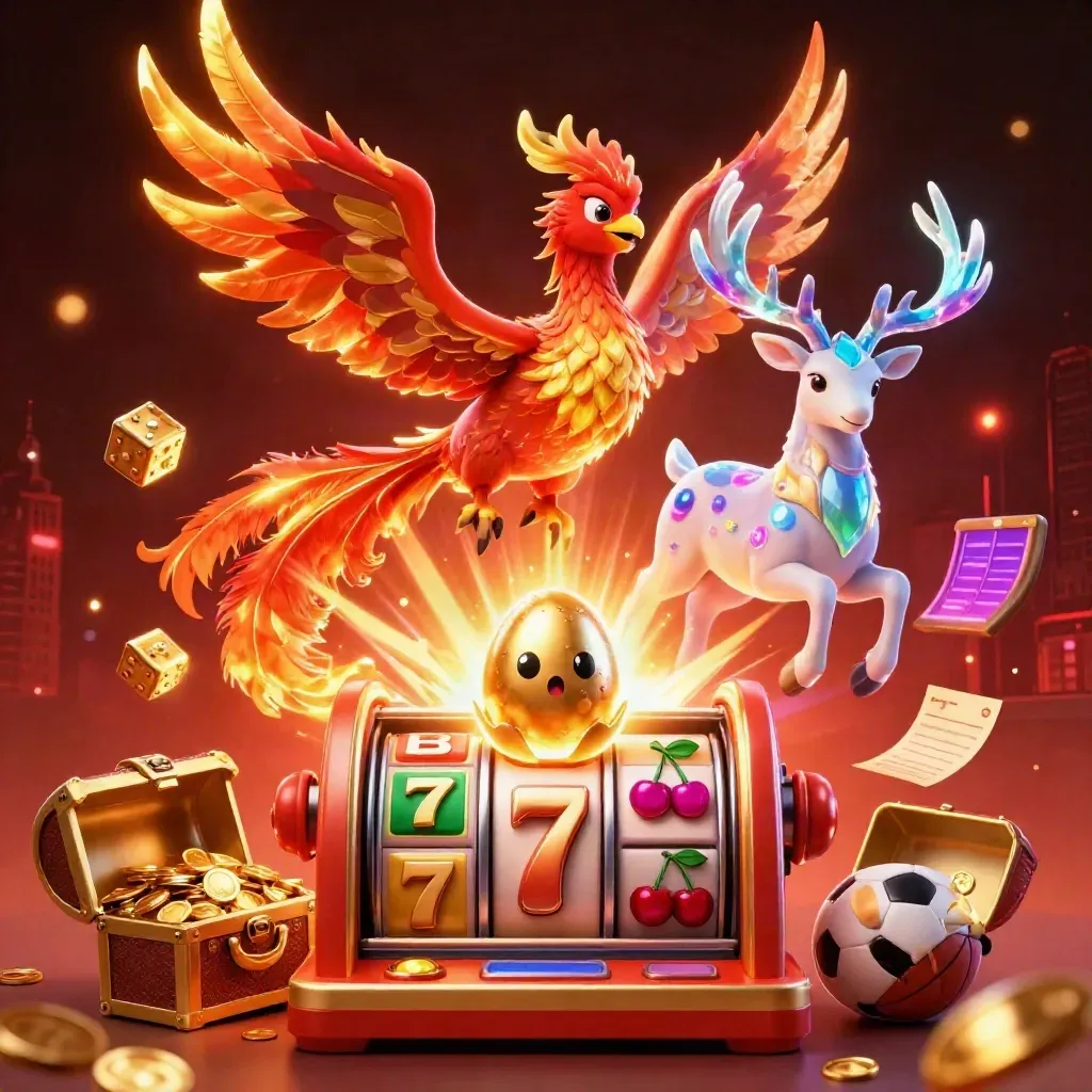 Phénix, cerf mystique et machine à sous éclatante avec pièces d’or et effets néon.