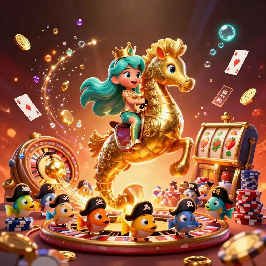 Princesse sirène turquoise sur un hippocampe doré, pièces, jetons et roue de casino en éclats.