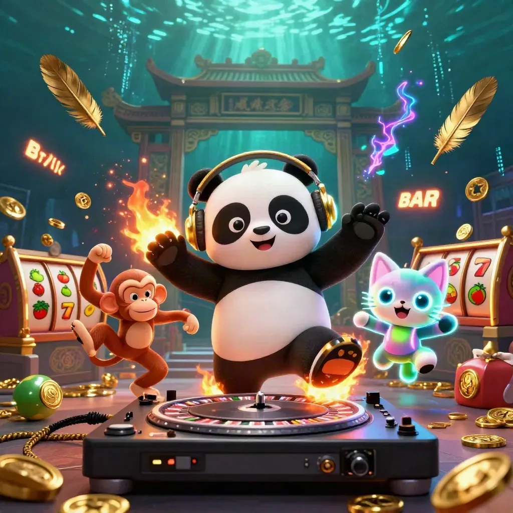 Panda DJ, singe breakdance et chaton rave dans un décor casino luxueux aux éclairs néon.
