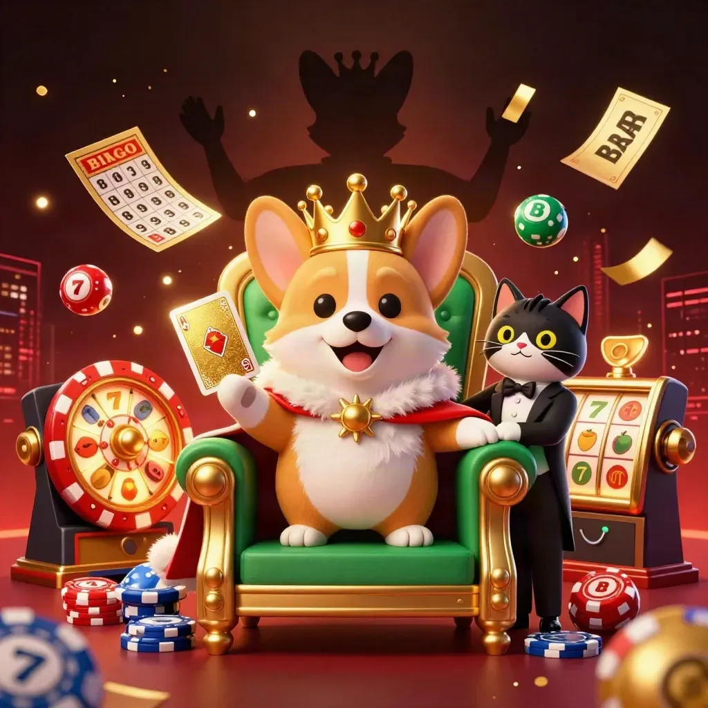 Chien royal et chat majordome sur un trône de jetons, éclats dorés et roue de loterie.