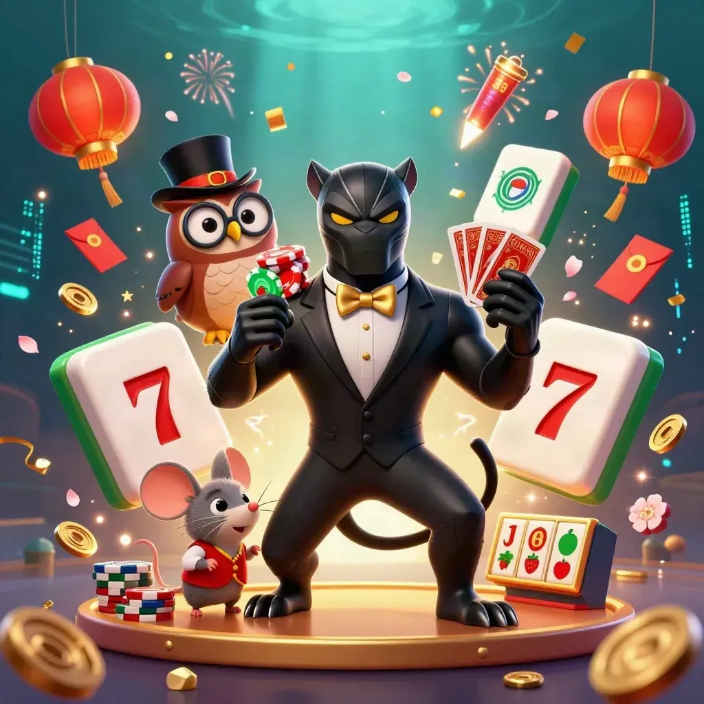 Panthère tuxedo, hibou et souris parmi cartes, jetons et symboles de slots en luxe casino vert-or.