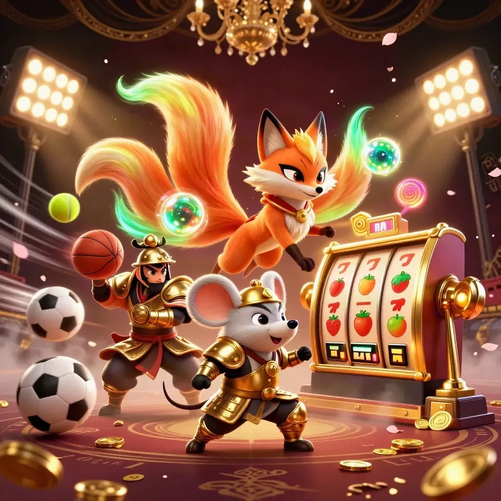 Renard spirituel à neuf queues avec souris samouraï, ballons, trophée et ambiance casino luxe.