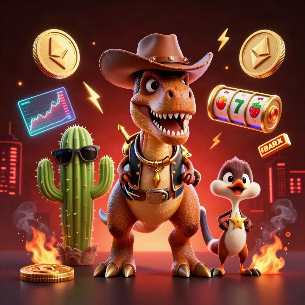 T-Rex cow-boy, cactus et oiseau, pièces crypto, éclairs, fond rouge sombre luxueux.