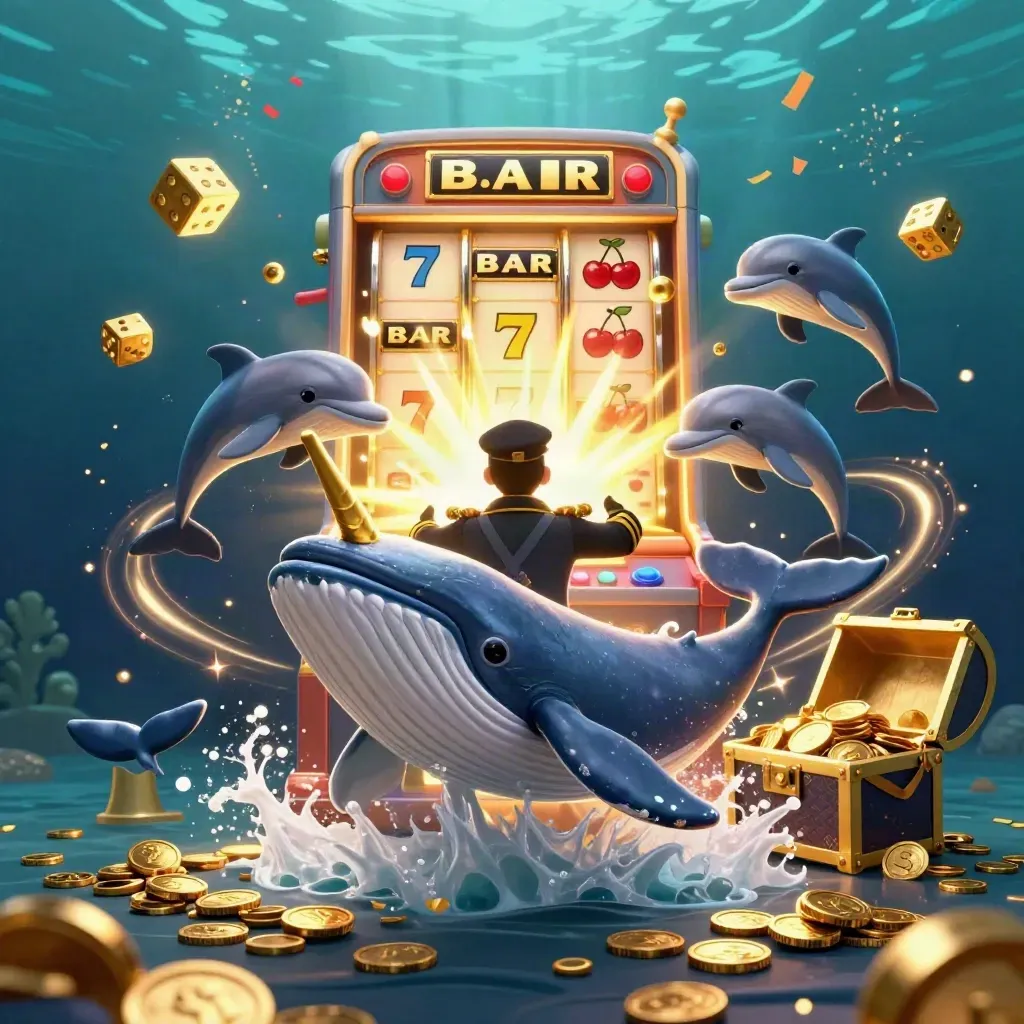 Baleine capitaine, narval et dauphins dans une explosion de pièces, dés et symboles de casino.