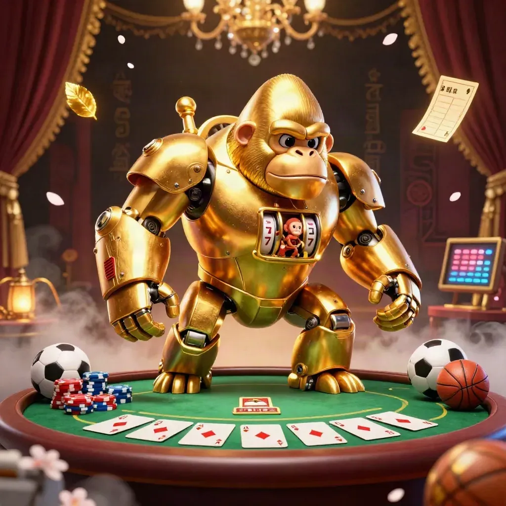 Gorille mécha doré, jetons, cartes et éclats de luxe dans une ambiance casino.