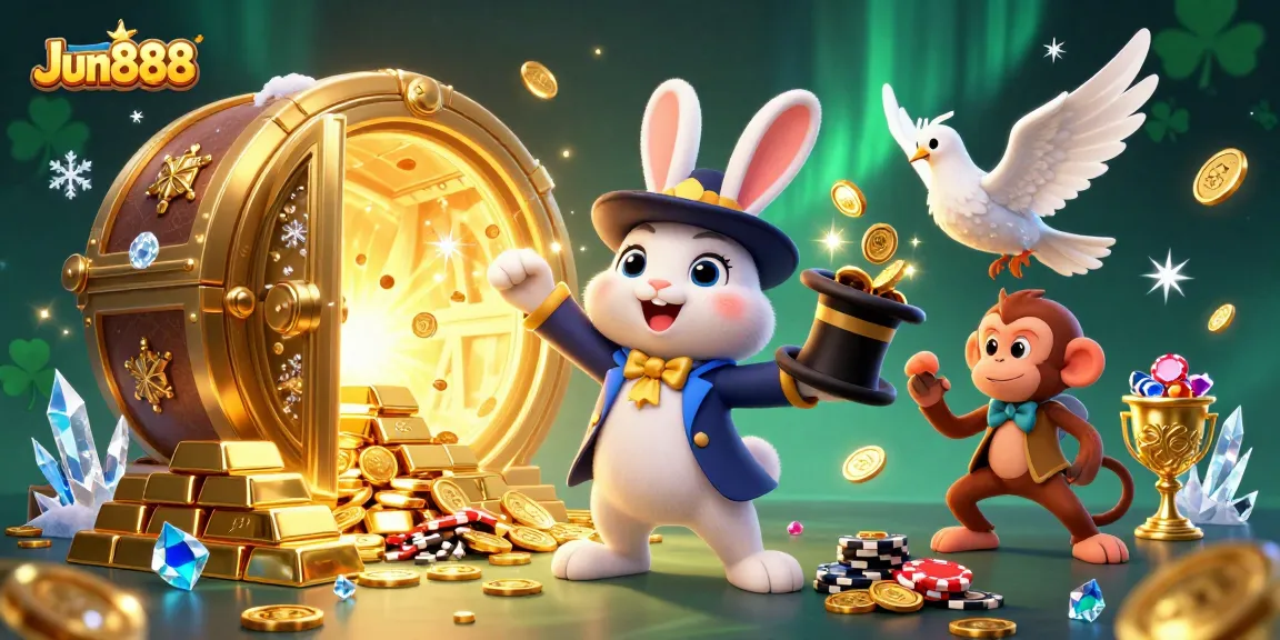 Engage with Jun888 and win as a magician rabbit pulls golden coins amidst casino treasures.