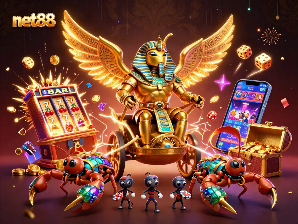 Experience thrilling excitement at net88 with a dynamic casino scene featuring colorful gaming elements.