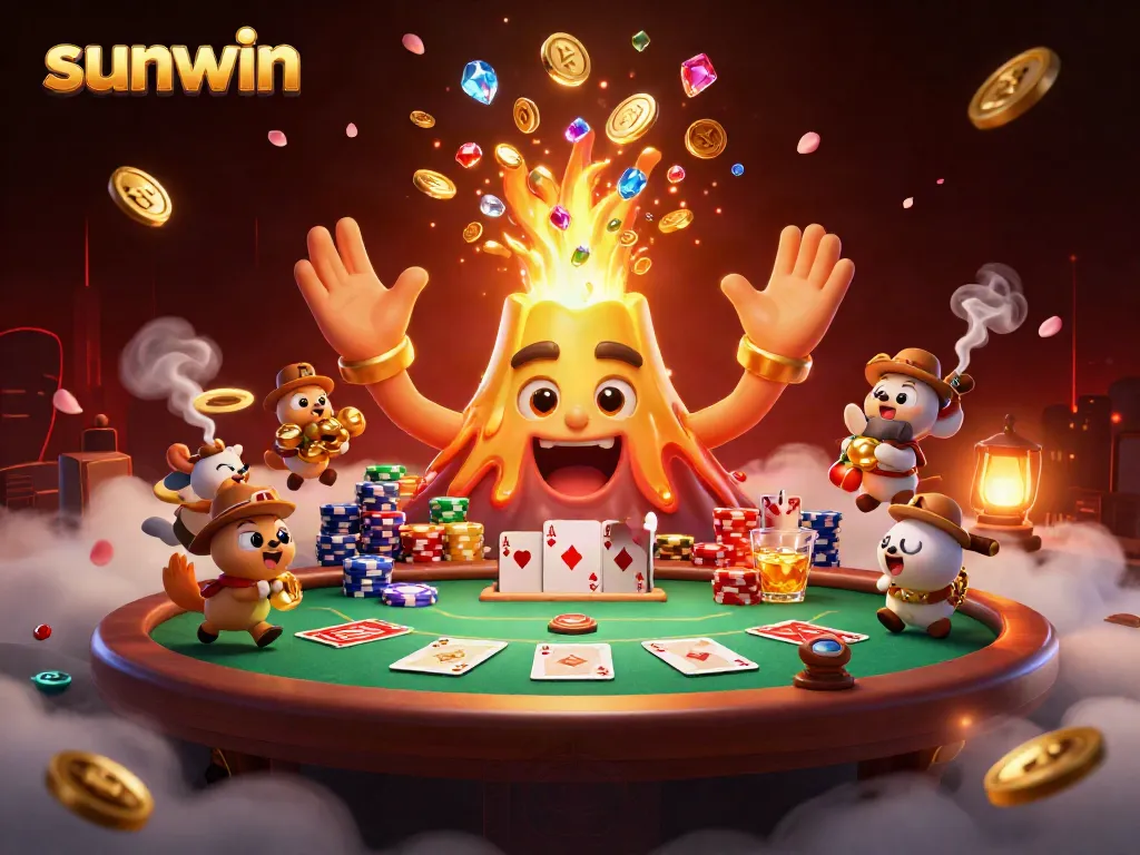 Experience excitement at sunwin with a triumphantly erupting golden volcano and treasures around a dynamic poker scene.