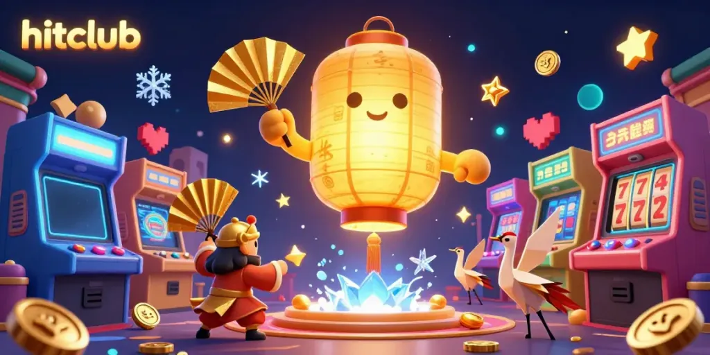 Experience the excitement of hitclub with a vibrant 3D scene showcasing casino games, glowing spirits, and dynamic gaming elements.