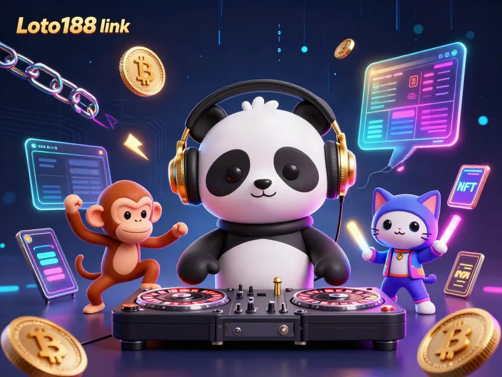 Experience excitement with Loto188 link in this vibrant 3D casino scene featuring a DJ panda, dancing monkey, and rave kitten.