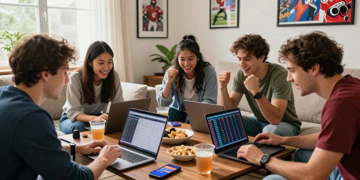 Groupe d'amis analysant les cotes sur le meilleur site de pari sportif avec enthousiasme.