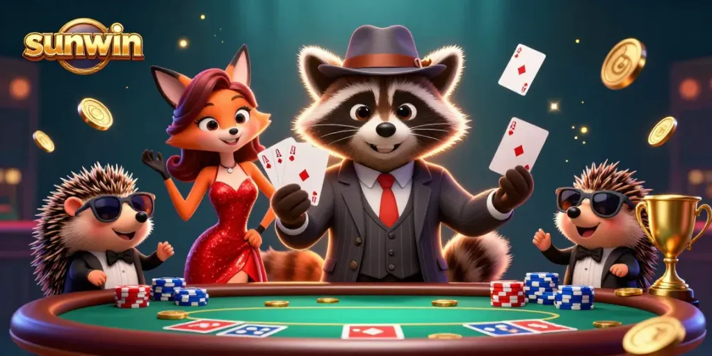 Experience thrilling poker action with sunwin as cartoon characters showcase masterful hands in a dazzling casino.
