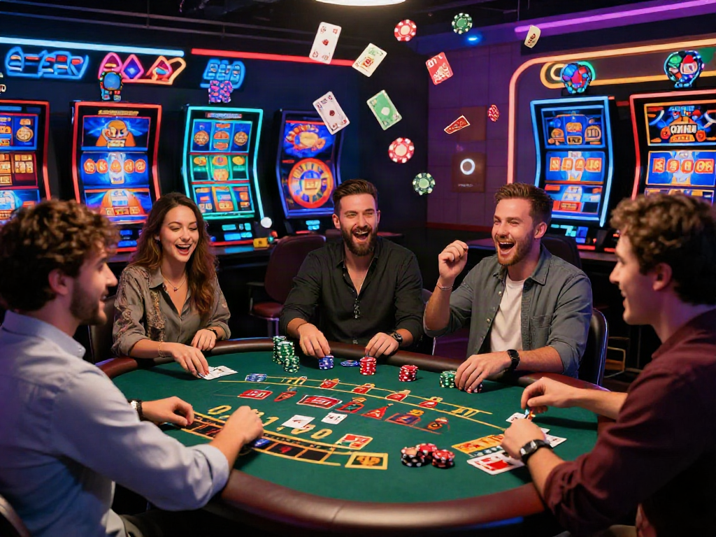 Jeux de casino français en ligne captivants avec des joueurs enthousiastes participant à des jeux variés, ambiance festive et dynamique.