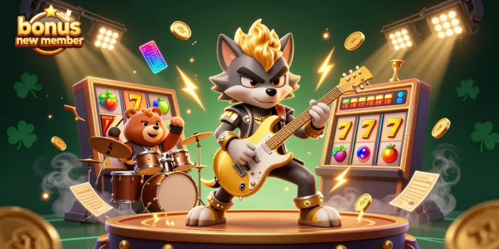 Experience the excitement of winning with the bonus new member promotion in a vibrant casino scene filled with slot machines and animated characters.