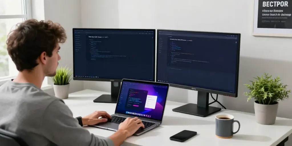 Développeur utilisant Senpai Stream APK sur PC dans un bureau moderne.