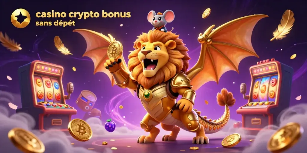 Experience the excitement of casino crypto bonus sans dépôt with this vibrant 3D chimera illustration featuring golden coins and dynamic game elements.