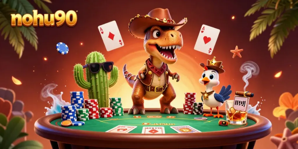 Nohu90's vibrant casino scene showcasing a cowboy dinosaur, cactus, and roadrunner amidst poker chaos.