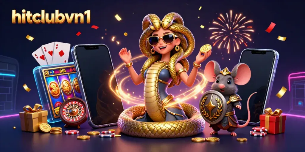Experience the excitement of hitclubvn1 with this vibrant casino-themed scene featuring Medusa and gaming elements.