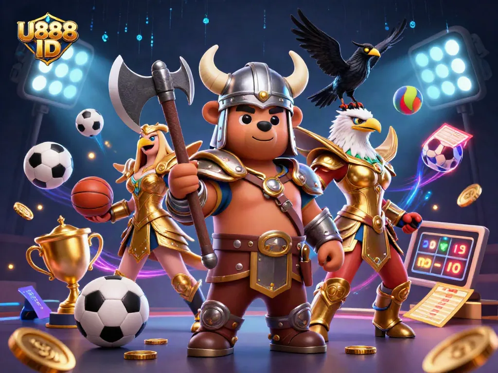 Join the excitement with U888 ID, featuring a dynamic Viking bear and Valkyrie eagle in a thrilling casino scene.