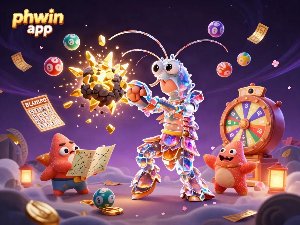 Experience the excitement of the phwin app as a galactic samurai mantis shrimp battles an asteroid bursting with golden gems.
