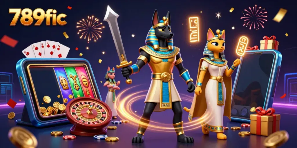 Experience thrilling gaming with 789fic featuring Anubis and Bastet among vibrant casino elements.