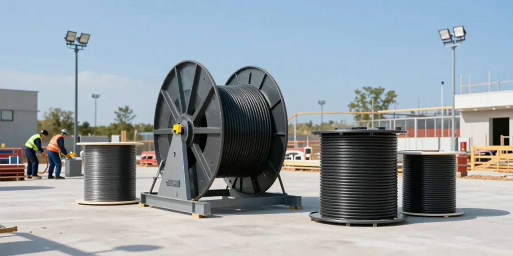 Frein de tambour de câble sécurisé sur un chantier de construction avec dispositifs de protection et technologie avancée.