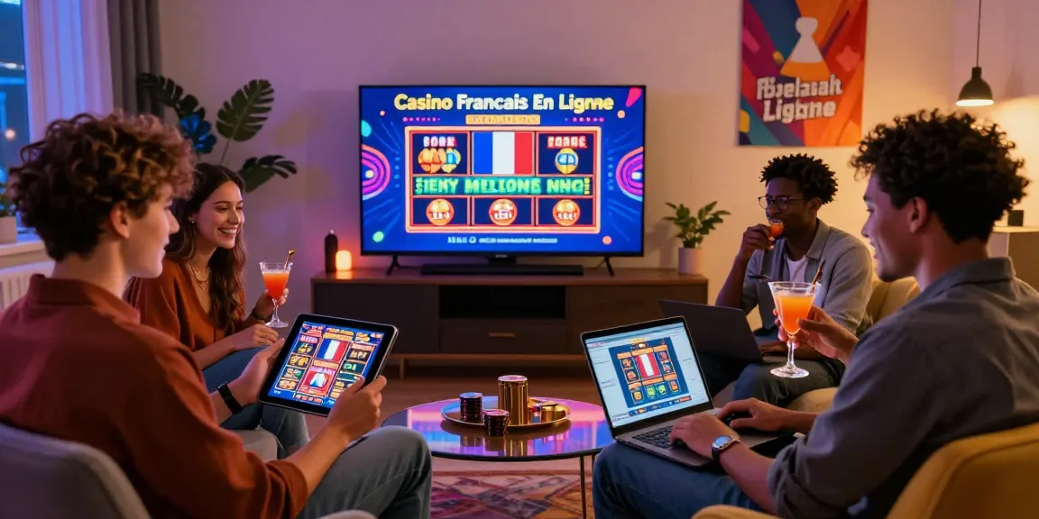 Groupe d'amis fascinés par un casino français en ligne, jouant ensemble dans une ambiance festive et illuminée.