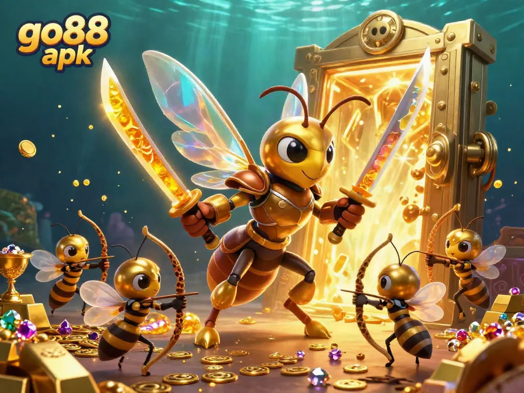 Engage with go88 apk in this ultra-detailed 3D illustration, showcasing a golden hornet samurai amidst dazzling treasures.