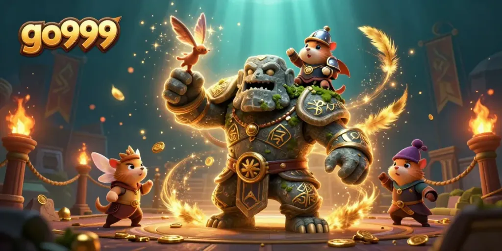 Experience thrilling adventures at go999 with a stone golem guardian and its magical fairy companion.