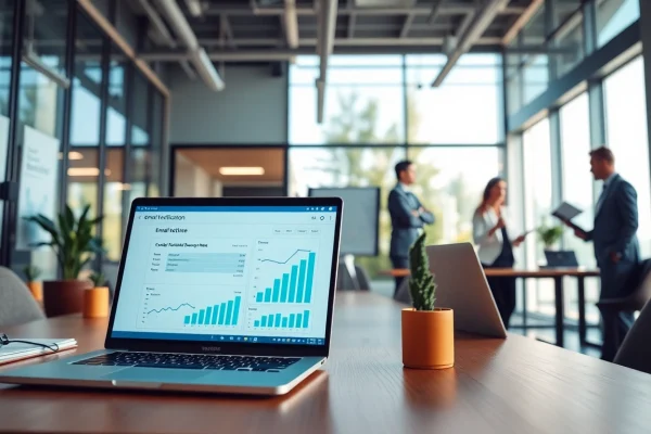 Technologie de vérification d’e-mail dans un environnement de bureau moderne, représentant des professionnels analysant des données.