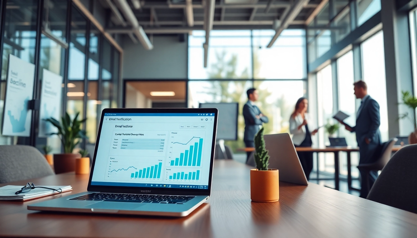 Technologie de vérification d’e-mail dans un environnement de bureau moderne, représentant des professionnels analysant des données.