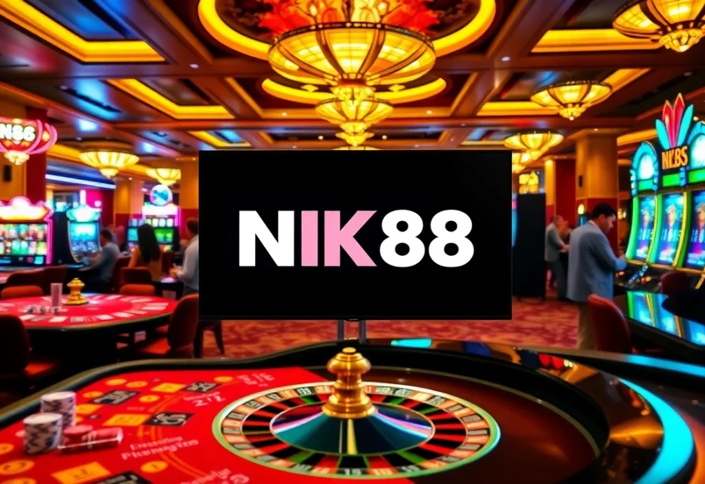 Players enjoying NK88 casino games amidst vibrant slot machines and poker tables.